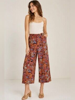 Anthropologie Maeve Floral Flower Power Wide Leg High Waist Crop Pant Sz 4